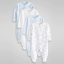 Load image into Gallery viewer, Pale Blue 4 Pack Elephant Baby Sleepsuits (0mth-18mths)
