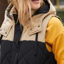 Load image into Gallery viewer, Black and Neutral Mink Mid Length Hooded Quilted Gilet
