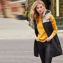 Load image into Gallery viewer, Black and Neutral Mink Mid Length Hooded Quilted Gilet