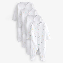 Load image into Gallery viewer, White 4 Pack Baby Printed Sleepsuits (0mth-12mths)