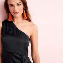 Load image into Gallery viewer, Black Satin One Shoulder Mini Dress