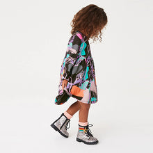 Load image into Gallery viewer, Charcoal Grey Shapes Long Sleeve Relaxed Fit Cotton Dress (3mths-6yrs)