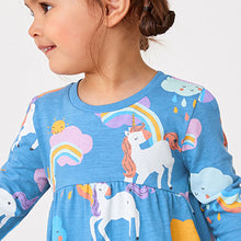 Load image into Gallery viewer, Blue Unicorn Long Sleeve Jersey Dress (3mths-6yrs)