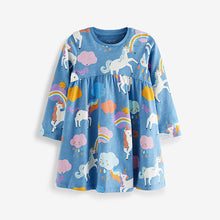 Load image into Gallery viewer, Blue Unicorn Long Sleeve Jersey Dress (3mths-6yrs)