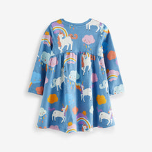 Load image into Gallery viewer, Blue Unicorn Long Sleeve Jersey Dress (3mths-6yrs)