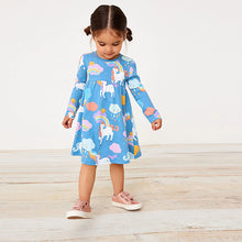 Load image into Gallery viewer, Blue Unicorn Long Sleeve Jersey Dress (3mths-6yrs)