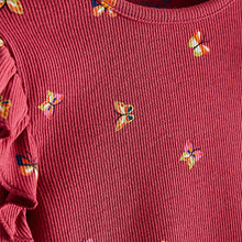 Load image into Gallery viewer, Burgundy Red Butterfly Long Sleeve Frill Rib Jersey Top (3mths-6yrs)