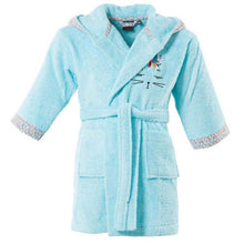 Load image into Gallery viewer, Peignoir enfant brodé chat et esprit liberty plumes Colorful lagon - Allsport