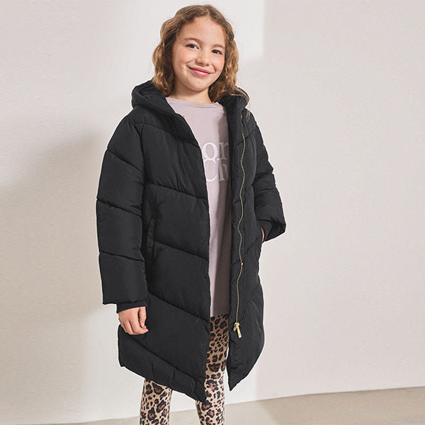 Black Regular Length Shower Resistant Faux Fur Lined Hooded Padded Coat (3-12yrs)