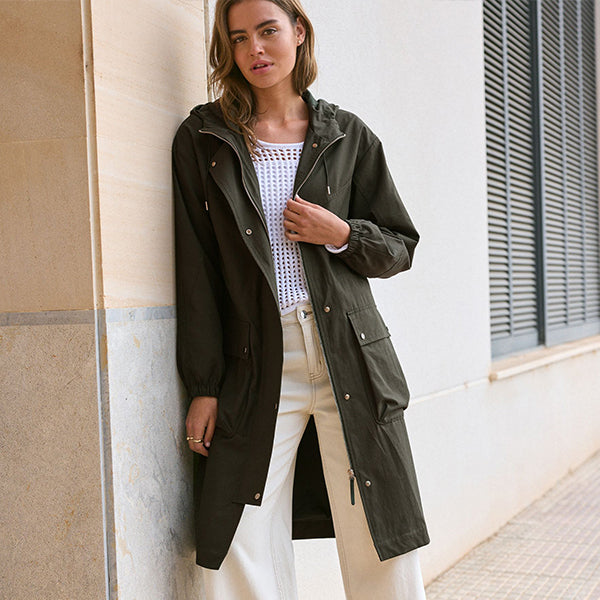 Khaki Green Lightweight Shower Resistant Hooded Longline Parka