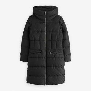 Black Shower Resistant Padded Puffer Hooded Mid Length Coat
