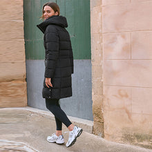 Load image into Gallery viewer, Black Shower Resistant Padded Puffer Hooded Mid Length Coat
