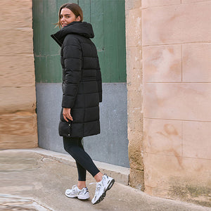 Black Shower Resistant Padded Puffer Hooded Mid Length Coat