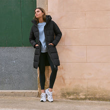Load image into Gallery viewer, Black Shower Resistant Padded Puffer Hooded Mid Length Coat
