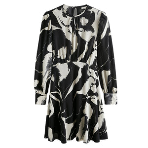 Black/White Mono Floral Long Sleeve Mini Dress