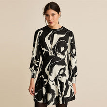 Load image into Gallery viewer, Black/White Mono Floral Long Sleeve Mini Dress
