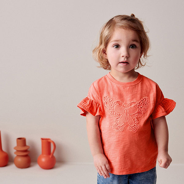 Coral Pink Crochet Butterfly 100% Cotton T-Shirt (3mths-5-6yrs)