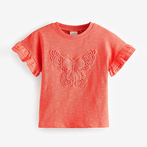 Coral Pink Crochet Butterfly 100% Cotton T-Shirt (3mths-5-6yrs)