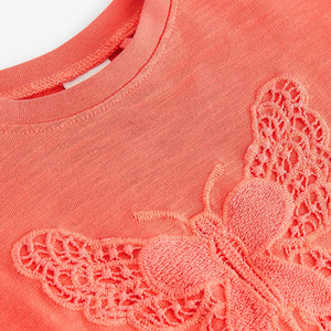 Coral Pink Crochet Butterfly 100% Cotton T-Shirt (3mths-5-6yrs)