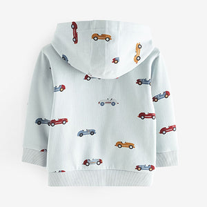 Light Blue Car All-Over Print Jersey Zip Through Hoodie (3mths-5-6yrs)