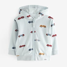 Load image into Gallery viewer, Light Blue Car All-Over Print Jersey Zip Through Hoodie (3mths-5-6yrs)
