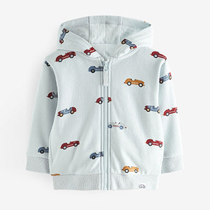 Light Blue Car All-Over Print Jersey Zip Through Hoodie (3mths-5-6yrs)