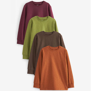 Chocolate Brown/Burgundy Red/Tan Brown/Moss Green 4 Pack Long Sleeve Cosy T-Shirts (3-12yrs)