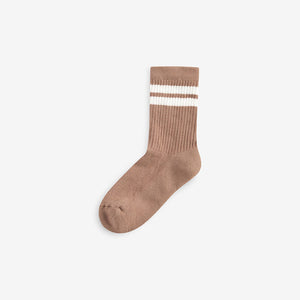 Neutral/Brown/White/Grey Cushioned Footbed Cotton Rich Ribbed Tipped Socks 5 Pack