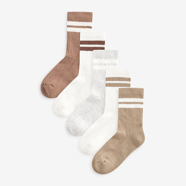 Neutral/Brown/White/Grey Cushioned Footbed Cotton Rich Ribbed Tipped Socks 5 Pack
