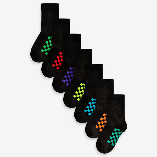 Black Checkerboard Cotton Rich Socks 7 Pack