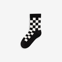 Load image into Gallery viewer, White/Black Checkerboard Cushioned Footbed Cotton Rich Ribbed Tipped Socks 5 Pack
