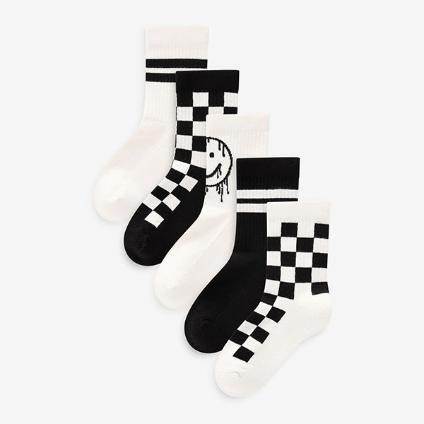 White/Black Checkerboard Cushioned Footbed Cotton Rich Ribbed Tipped Socks 5 Pack