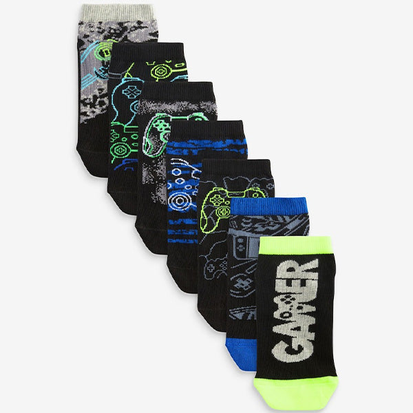 Black Gaming 7 Pack Cotton Rich Trainer Socks