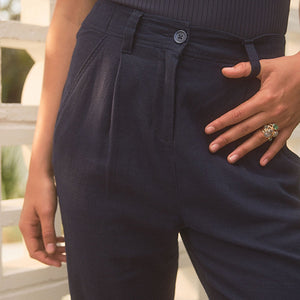 Navy Blue Linen Blend Taper Trousers