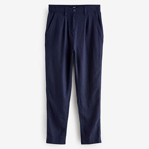 Navy Blue Linen Blend Taper Trousers