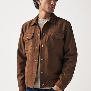 Brown Faux Suede Collared Trucker Jacket