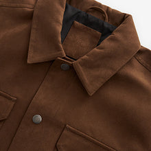 Load image into Gallery viewer, Brown Faux Suede Collared Trucker Jacket
