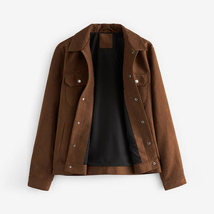 Brown Faux Suede Collared Trucker Jacket