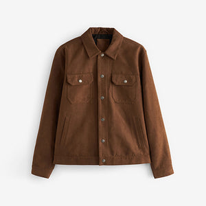 Brown Faux Suede Collared Trucker Jacket