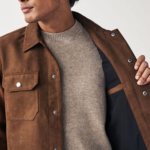 Brown Faux Suede Collared Trucker Jacket