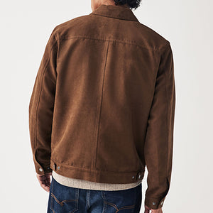 Brown Faux Suede Collared Trucker Jacket