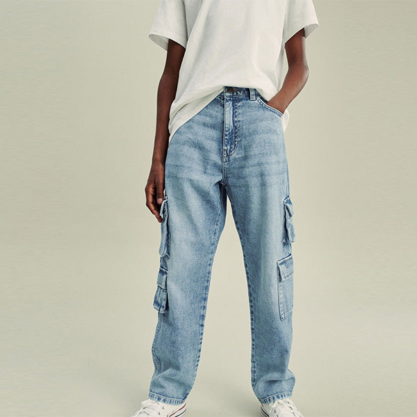 Bleach Wash 100% Cotton Denim Multipocket Cargo Jeans
