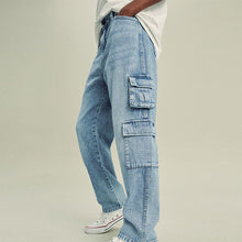 Load image into Gallery viewer, Bleach Wash 100% Cotton Denim Multipocket Cargo Jeans
