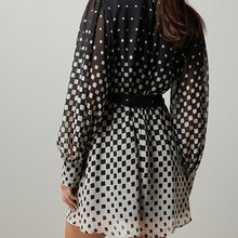 Load image into Gallery viewer, Monochrome Spot Tie Neck Belted Long Sleeve Mini Dress
