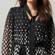 Load image into Gallery viewer, Monochrome Spot Tie Neck Belted Long Sleeve Mini Dress
