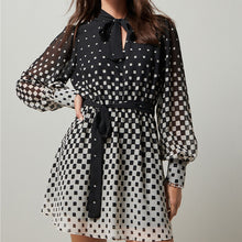 Load image into Gallery viewer, Monochrome Spot Tie Neck Belted Long Sleeve Mini Dress
