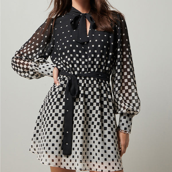 Monochrome Spot Tie Neck Belted Long Sleeve Mini Dress