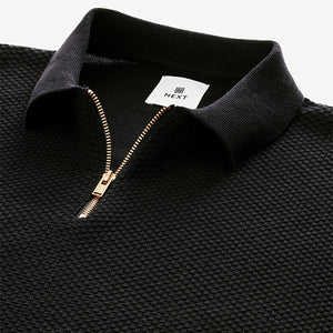 Black Regular Fit Knitted Bubble Textured 100% Cotton Polo Shirt