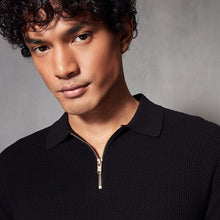 Load image into Gallery viewer, Black Regular Fit Knitted Bubble Textured 100% Cotton Polo Shirt
