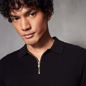 Black Regular Fit Knitted Bubble Textured 100% Cotton Polo Shirt